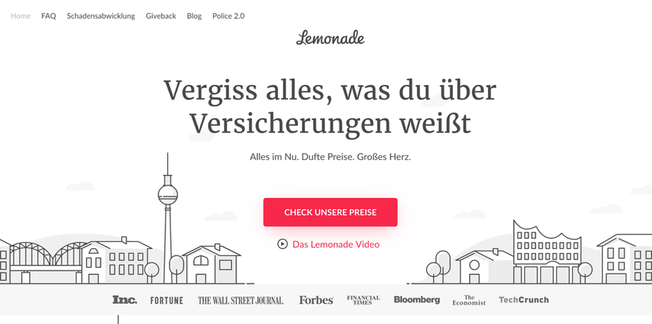 Eine klare Botschaft und ein ­ansprechendes Erklärvideo mit ­individuellen Grafiken auf der ­Startseite: Die Website des ­Versicherungsanbieters Lemonade regt die Nutzer an, den Besuch der Website als Reise zu erleben. (Screenshot: Lemonade)