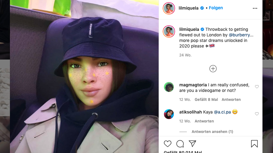 Lil Miquela, Topstar der virtuellen Influencer, kennzeichnet den Burberry-Post nicht als Werbung. Müsste sie? (Screenshot: Instagram / lilmiquela) Unechte Models: Virtuelle Influencer erobern das Netz