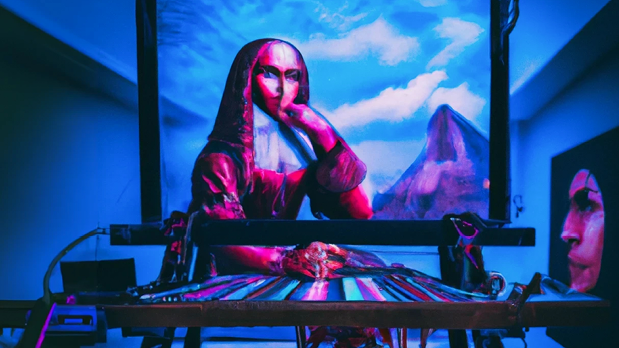 Inspiriert von Schlagwörtern wie „Cyberpunk“ und „Synthwave“ sollte Dall-E für dieses Bild einen „digitalen Menschen in nachdenklicher Pose vor einer Staffelei, die Mona Lisa malend“ zeigen. (Abbildung: Dall-E 2) Bild-KI: Von Ausbeutung und Verschwörungsmythen