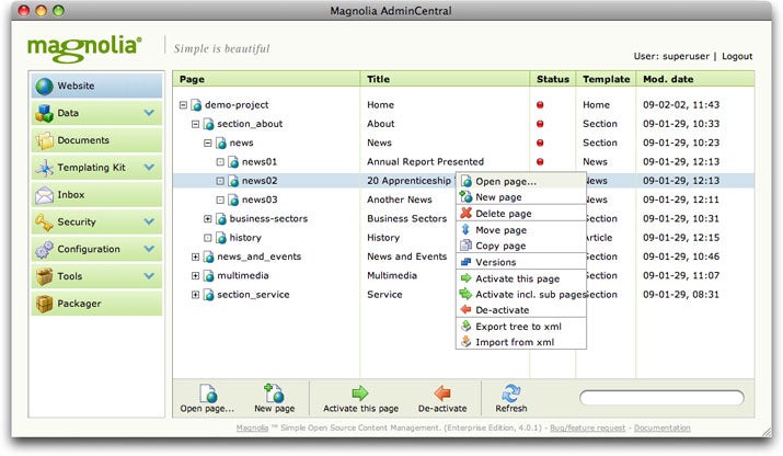 Die Admin-Oberfläche von Magnolia 4.0