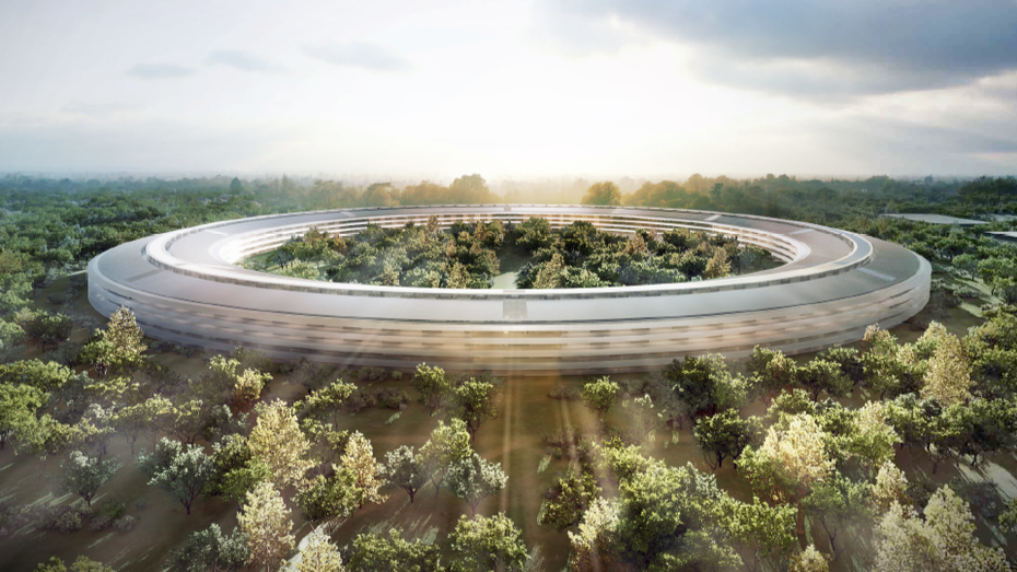 Apples Hauptquartier in Cupertino: Irgendwo auf diesem Bild könnte eine Gebäude-Gruppe sein, die laut Apple statt einer Milliarde doch nur 200 Dollar wert ist. Vielleicht der Billo-Büro-Ring in der Mitte? (Foto: Picture Alliance) Apples dreister Steuertrick: Milliarden-Immobilien sollen nur 200 Dollar wert sein