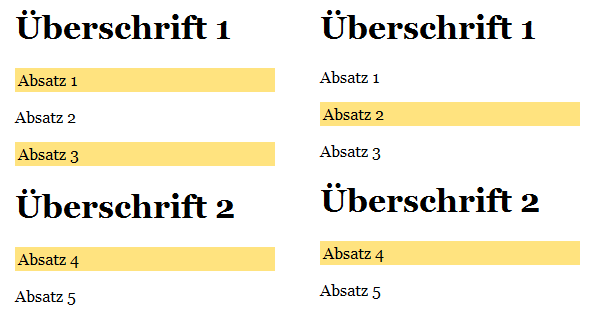 CSS3: „nth-child“ (links) und „nth-of-type“ (rechts)