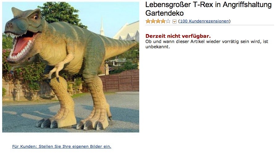 Amazon kurios: Lebensgroßer T-Rex in Angriffshaltung Gartendeko. (Screenshot: Amazon)