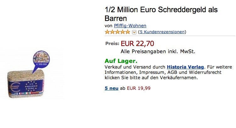 Amazon kurios: 500.000 Euro Schreddergeld als Barren. (Screenshot: Amazon)