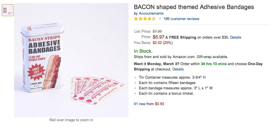 Amazon-kurios: BACON shaped themed Adhesive Bandages. (Screenshot: Amazon)