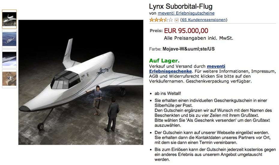 Amazon kurios: Lynx Suborbital-Flug. (Screenshot: Amazon)