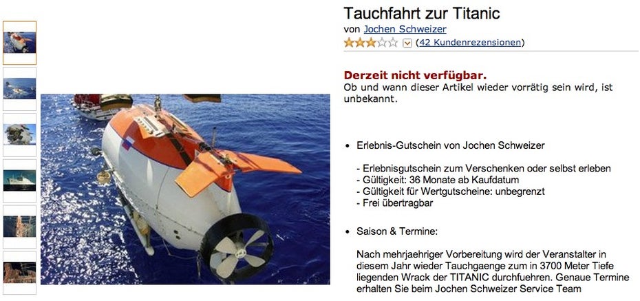 Amazon kurios: Tauchfahrt zur Titanic. (Screenshot: Amazon)