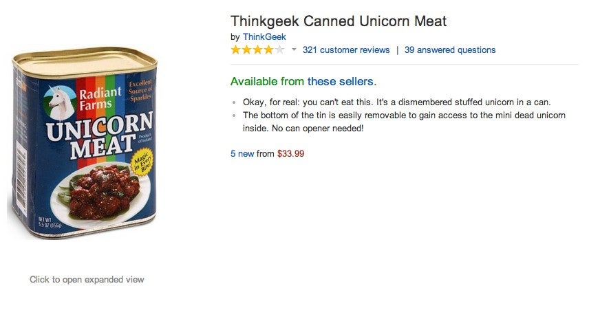 Amazon kurios: Thinkgeek Canned Unicorn Meat. (Screenshot: Amazon)