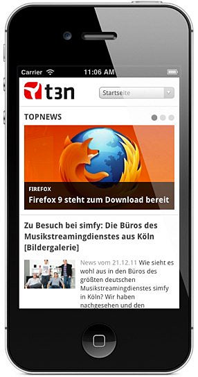 Die mobile Webseite von t3n – zu erreichen über die URL t3n.de Mobile Webseite von t3n