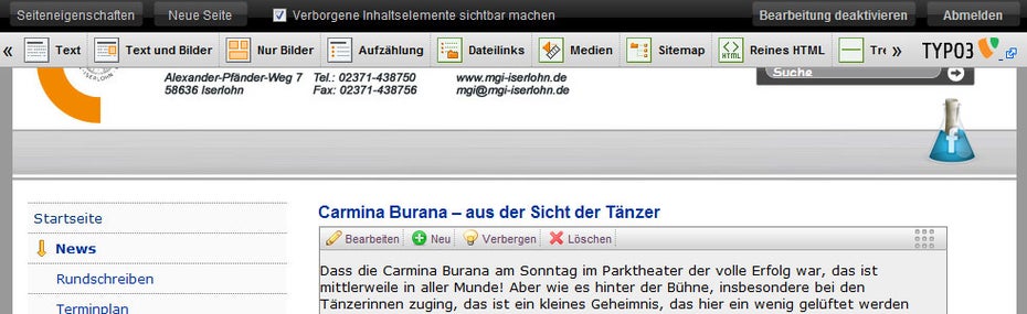 Die Bearbeitungs-Werkzeuge im Typo3-Frontend