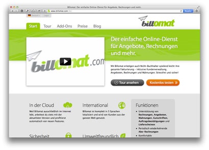 Website des Anbieters Billomat. Er bietet die Erstellung von Online-Rechnungen.