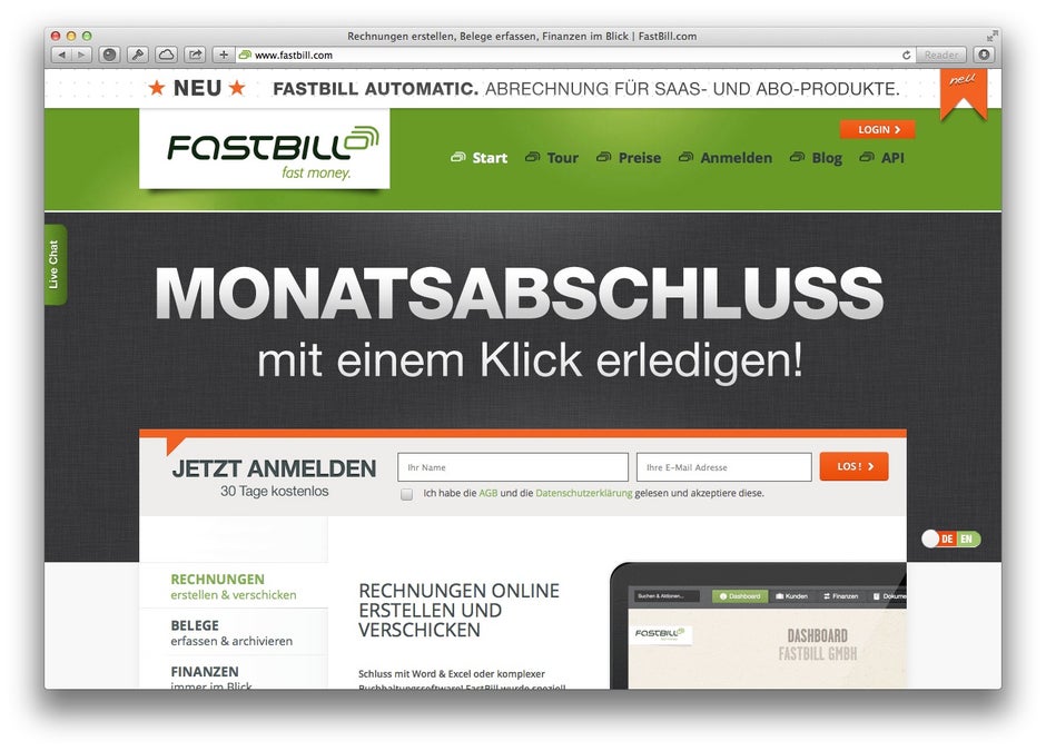 Screenshot der Website: Fastbill ist Anbieter eines Webdienstes zur Erstellung von Online-Rechnungen.