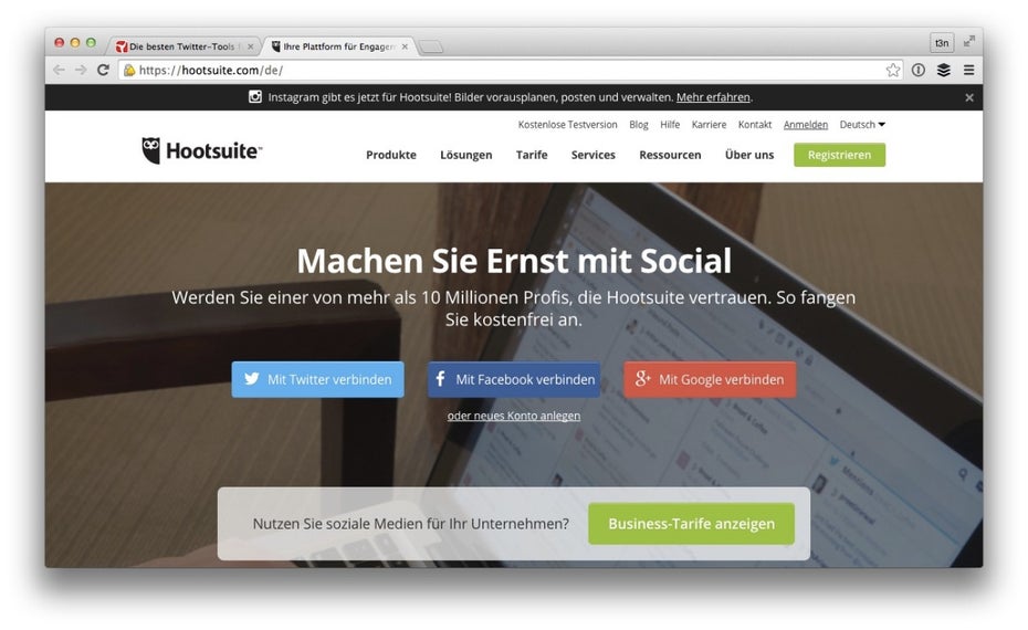 Hootsuite und Buffer helfen beim Planen deiner Inhalte. (Screenshot: hootsuite.com)