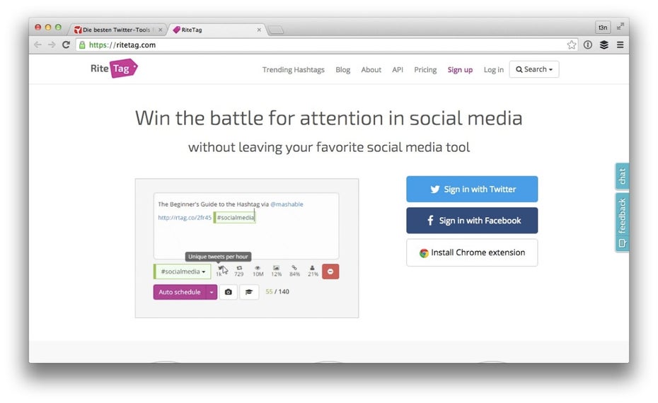 Das Twitter-Tool RiteTag empfiehlt dir die richtigen Hashtags. (Screenshot: ritetag.com)