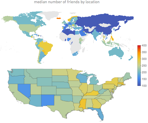 Die Anzahl der Freunde ist in den weltweiten Regionen und den US-Bundesstaaten ganz unterschiedlich. (Bild: blog.stephenwolfram.com).