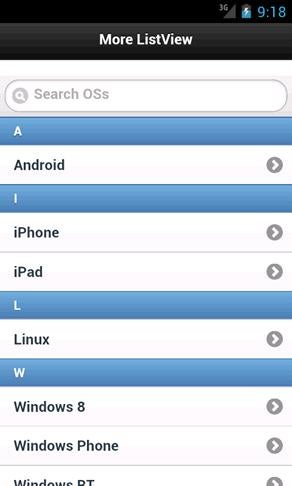 Listview mit Trenner und Suchfeld auf einem Android-Gerät