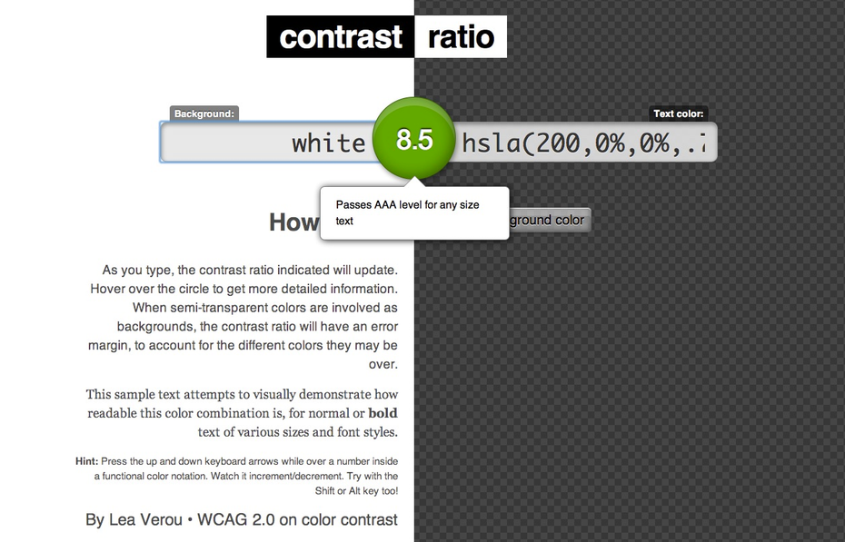 In Bezug auf Typografie für mobile Websites kommt dem Kontrast große Bedeutung zu. Mit Tools wie Contrast Ratio kann man schnell abschätzen, ob die gewählten Kombinationen ausreichend Kontrast bieten, damit die Schrift auch bei direkter Sonneneinstrahlung auf den Bildschirm noch gut lesbar ist.