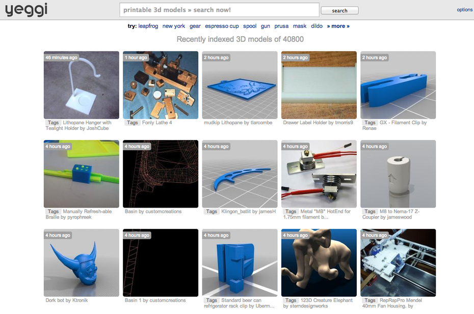 yeggi ist eine Meta-Suchmaschine, die 3D-Datenbanken durchsucht. Momentan werden ca. 41000 Modelle gelistet.