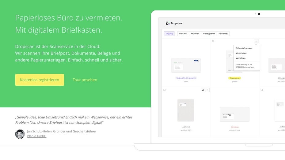 Auf dem besten Weg zum papierlosen Büro, mit Dropscan. (Screenshot: Dropscan.de)