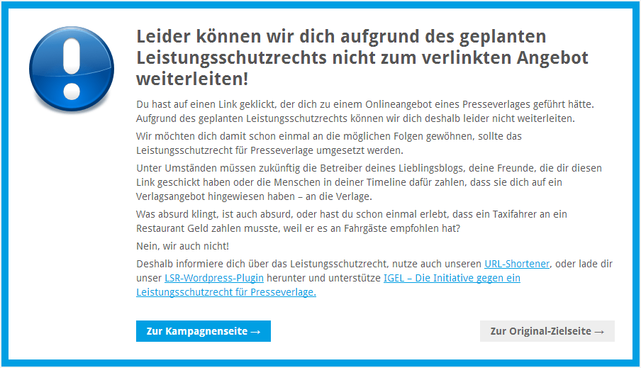 Das WordPress-Plugin gegen Leistungsschutzrecht vom Verein D64 leitet bei zweifelhaften Links auf eine zwischengeschaltete Landingpage. (Screenshot: d64.org)