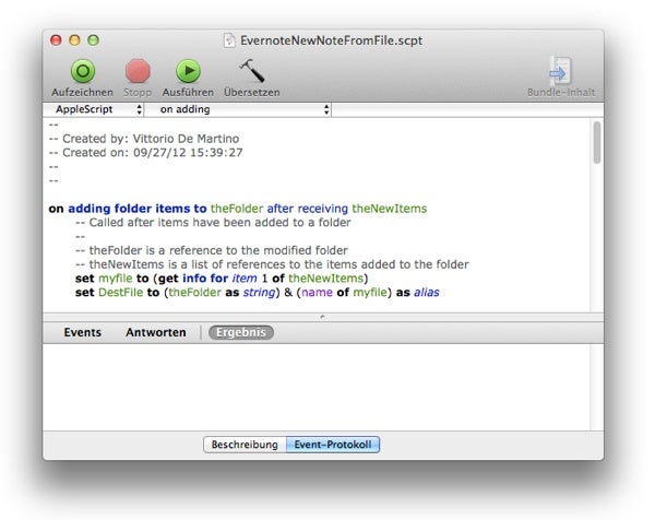 Mac-Nutzer müssen für das Evernote-Backup auf AppleScript zurückgreifen. (Screenshot: AppleScript-Editor)