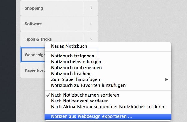 Ein Rechtsklick auf ein Evernote-Notizbuch öffnet die Export-Funktion, die sich für ein Backup nutzen lässt. (Screenshot: Evernote-App)