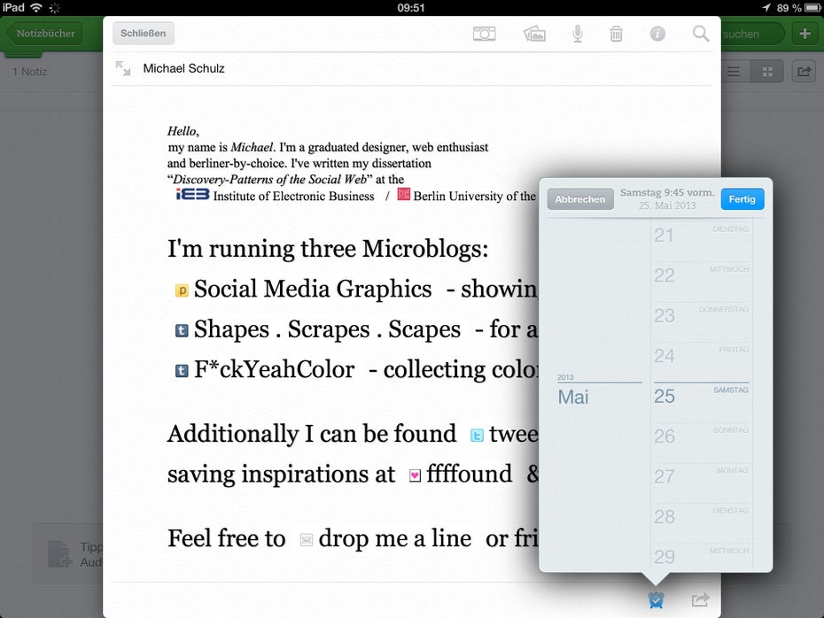 Erinnerungen in der iPad-App wie auch in der iPhone-App sind schön gelöst. (Screenshot: iPad-App)
