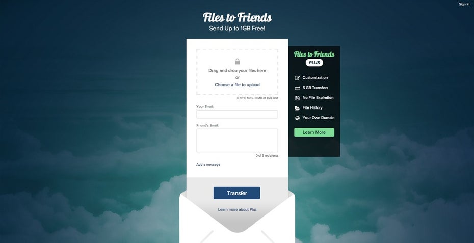 Files to Friends bietet den kostenlosen Versand von bis zu einem Gigabyte. (Screenshot: Files to Friends)