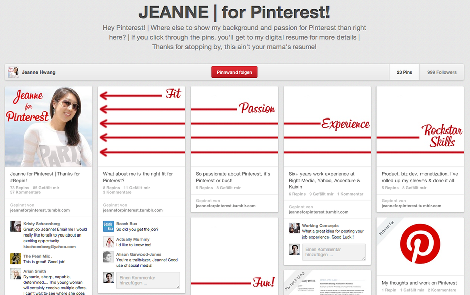 Jeanne Hwang wollte unbedingt zu Pinterest und hat ihre Liebe zu dem Netzwerk mit einer Bewerbung in Form eines Pinterest Boards unterstrichen. (Screenshot: Pinterest)