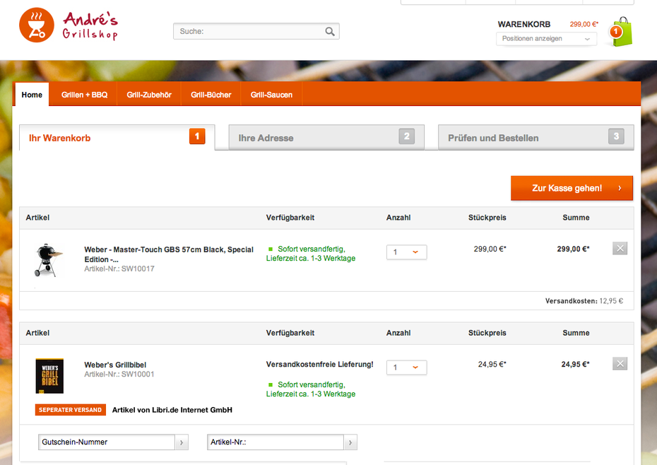 So kann dann letzlich der Warenkorb aussehen. Das Kernprodukt des Online-Händlers wurde ergänzt um ein passendes Buch. (Screen: shopware AG)
