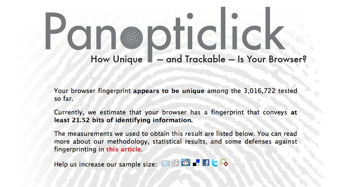 Fingerprinting wird schon heute eingesetzt, um Nutzer online zu tracken, und ist im Vergleich zu Cookies kaum zu erkennen. Wer sehen will, wie leicht er anhand seines verwendeten Rechners identifiziert werden kann, erfährt am Ende des Artikels, wie das geht. (Screenshot: Panopticlick)