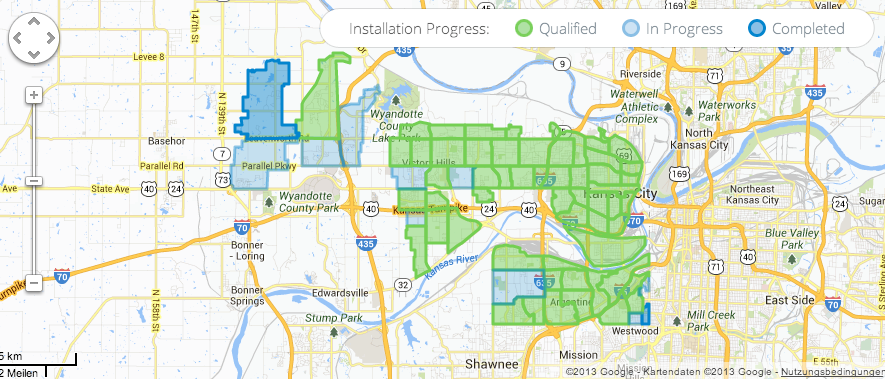 Statuskarte der Google-Fiber-Installation in Kansas City KS. (Screenshot: fiber.google.com)