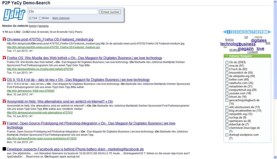 YaCy: Google-Alternative als P2P-Lösung. (Screenshot: YaCy/t3n)