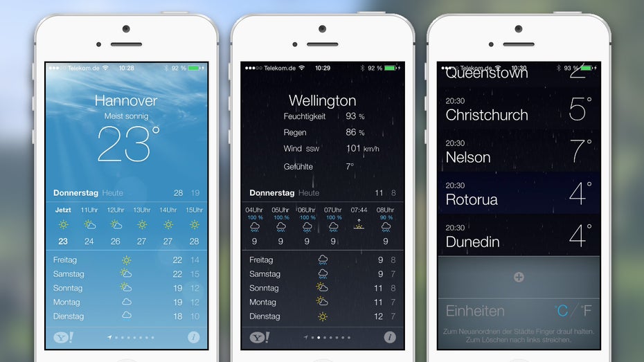 Apple Wetter iOS7 (kostenlos) Oh was ist die App schön geworden. Es zeigt das Wetter wie die Yahoo-Wetter-App an, kann mehrere Orte verwalten und präsentiert schöne Wetter-Animationen wie Regen und Schnee. Alles drin, alles dran – ein Tipp.