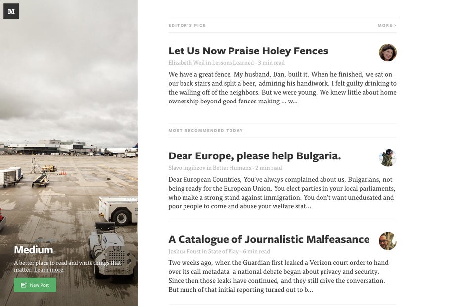 Die Startseite von Medium.com: Aufgeräumt, minimalistisch und übersichtlich. Hier findet man von den Machern ausgesuchte Artikel.