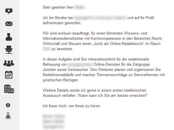 Beim Active Sourcing liegen die Probleme vor allem in der Ansprache der potentiellen Kandidaten. Wenn, wie in diesem Fall, eine konkrete und passende Stelle angeboten wird und es sich nicht um “Recruitment-Spam” handelt, sind praktisch keine Konsequenzen zu befürchten.