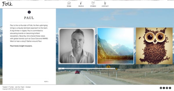 Folk Digital lebt das Storytelling visuell vor. Der Bereich „Team“ auf der Agentur-Seite gibt in Bildsprache einen persönlichen Eindruck von jedem Mitarbeiter wieder. (Screen: Folk Digital)