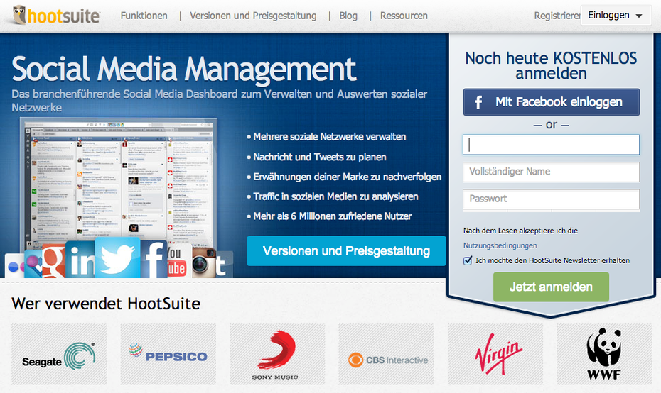 Im Anmeldebereich der HootSuite kann man sich manuell oder via Social Login einen Account anlegen. (Screenshot: HootSuite)