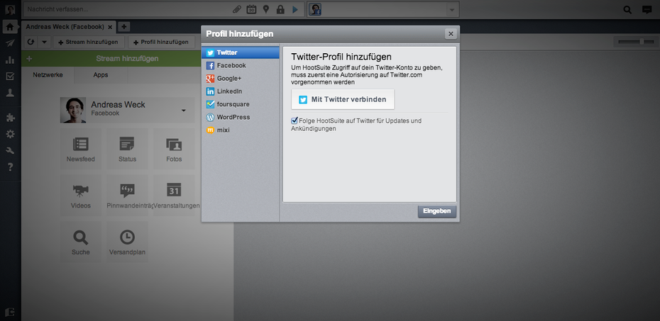 HootSuite kann sieben verschiedene Social Networks einbinden: Twitter, Facebook, LinkedIn, Google+, foursquare, WordPress und mixi. (Screenshot: HootSuite)