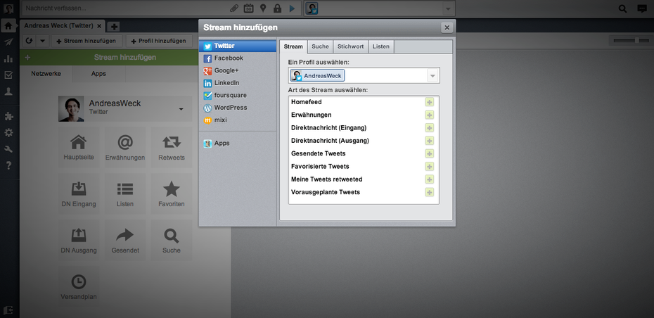 Hat man seine Social Networks in die HootSuite integriert, kann man individuelle Streams anlegen. (Screenshot: HootSuite)