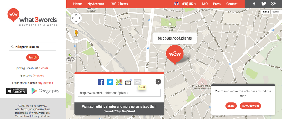 Location aus w3w.com teilen. (Screenshot auf w3w.com)