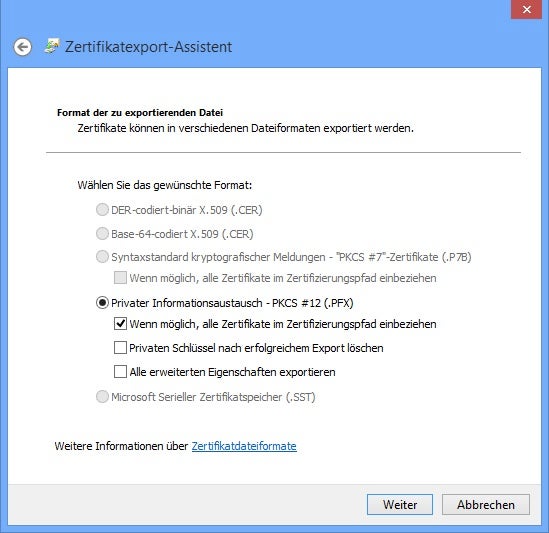Chrome-Zertifikat-Exportformat