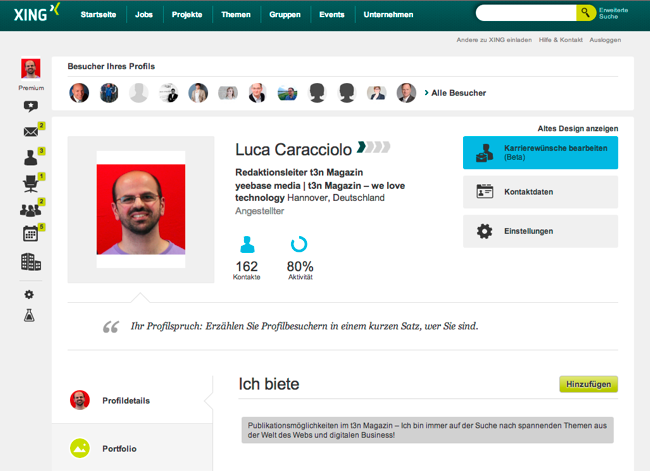 Xing schließt seit heute Stück für Stück mit neuen Profilen auf. Darin enthalten ist auch ein „Portfolio“-Bereich. (Screenshot: Xing Luca Carraciolo)