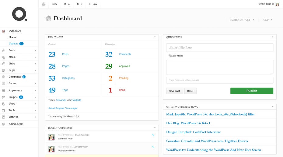 Das Plugin „DP Dashboard“ bringt drei verschiedene Themes mit sich. Zum Beispiel diese helle Variante.