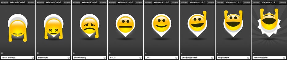 Schön gestaltet, aber wenig flexibel: die Stimmungs-Emoticons des Jawbone UP. (Screenshot: Jawbone-UP-App)