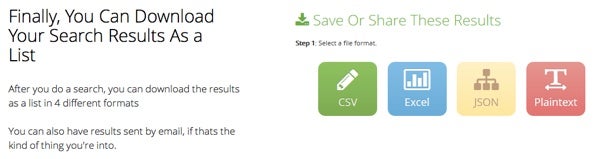 Die Suchergebnisse von NerdyData lassen sich in vier Formaten exportieren. (Screnshot: NerdyData)