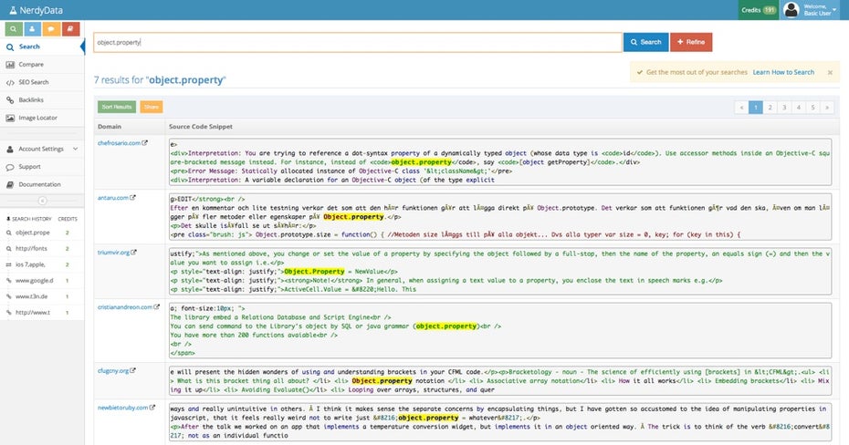 Das NerdyData-Suchergebnis für die JavaScript-Eigenschaft object.property. (Screenshot: NerdyData)