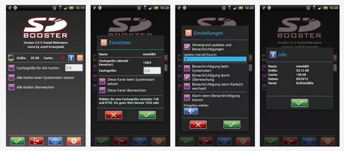 Android schneller machen: Die Wahl der richtigen MicroSD-Karte wirkt sich auf die Zugriffszeiten aus. Das Tool SDBooster erhöht den Cache und kann ebenfalls einen Geschwindigkeitsgewinn bringen. (Screenshots: Google Play)