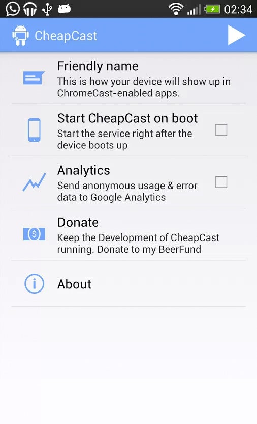 Die kostenlose App CheapCast emuliert einen Chromecast-Stick auf jedem Android-Gerät.