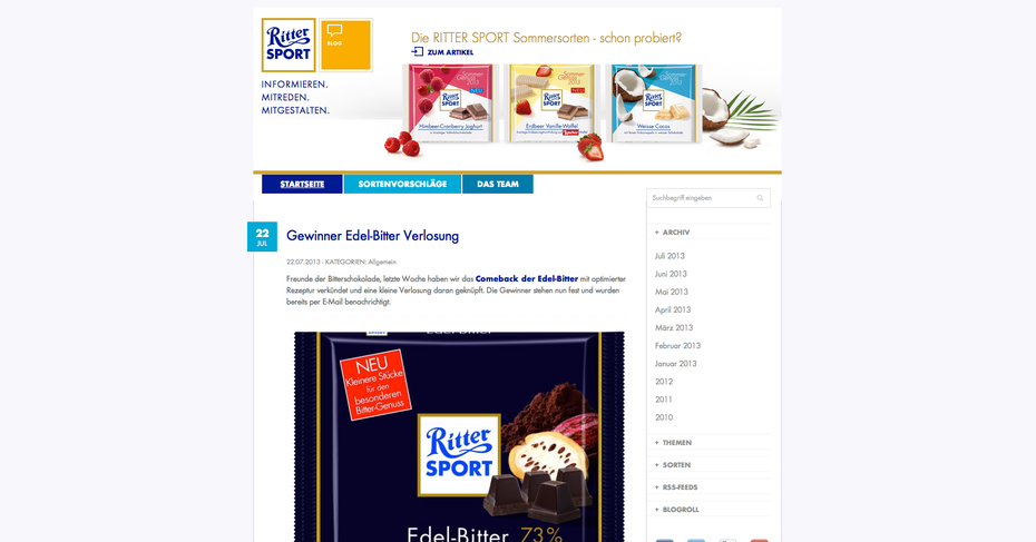 Der Blog von Ritter Sport. (Screenshot: ritter-sport.de/blog)